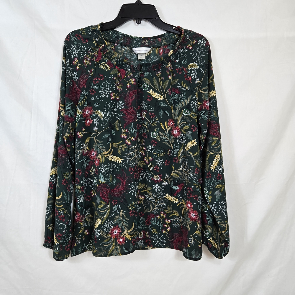 Christopher & Banks Green Red Floral‎ Snowflake Print  Chiffon Long Sleeve Top M